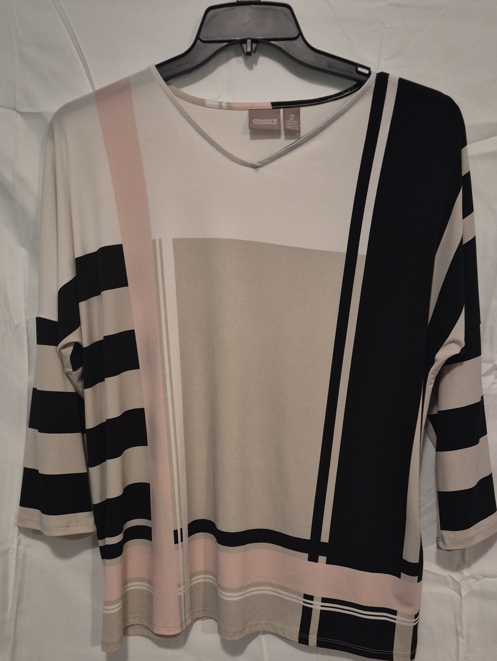 Chico's Long Sleeve Geometric Stripe V-Neck Top in Black, Pink & Cream